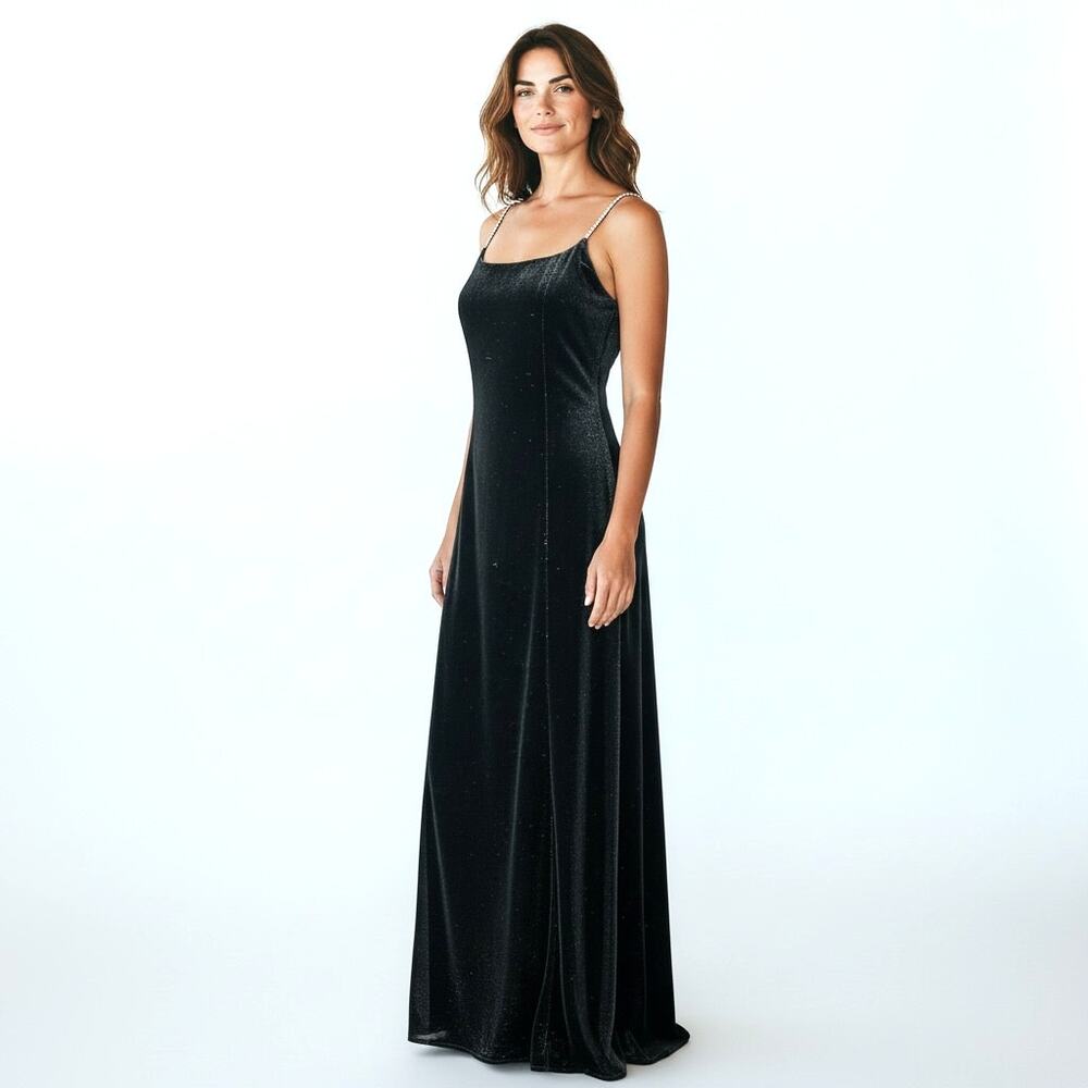 BETSY & ADAM Black To Metallic Blue Y2K  90's Layered Gown Rhinestone Straps 4